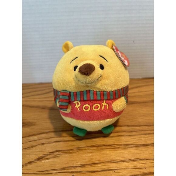 Ty Beanie Ballz WINNIE THE POOH Christmas Holiday Regular Size - 5 Inch - Picture 1 of 13